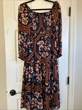 XS Floral Geometric Long Sleeve Midi Dress - Navy & Rust